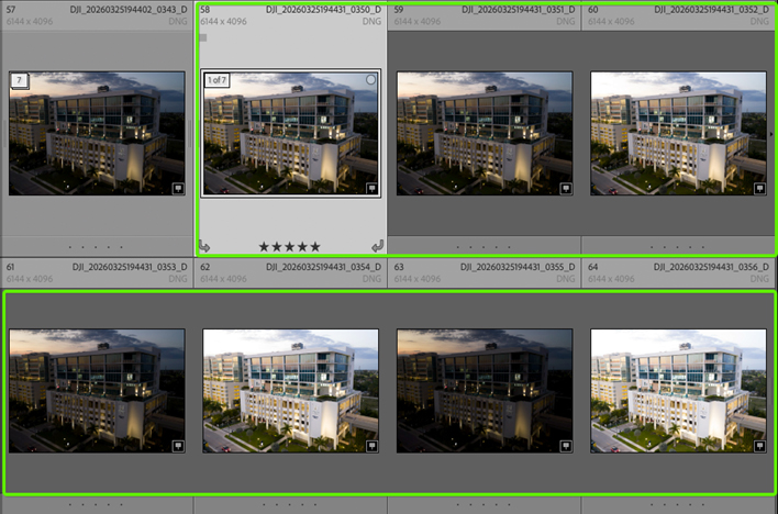 A grid view of seven bracketed RAW exposures of an architectural drone shot captured with a Mavic 4 Pro. The thumbnails show varying exposure levels from dark to light, intended for manual exposure blending to achieve maximum dynamic range in the final hospitality hero shot.